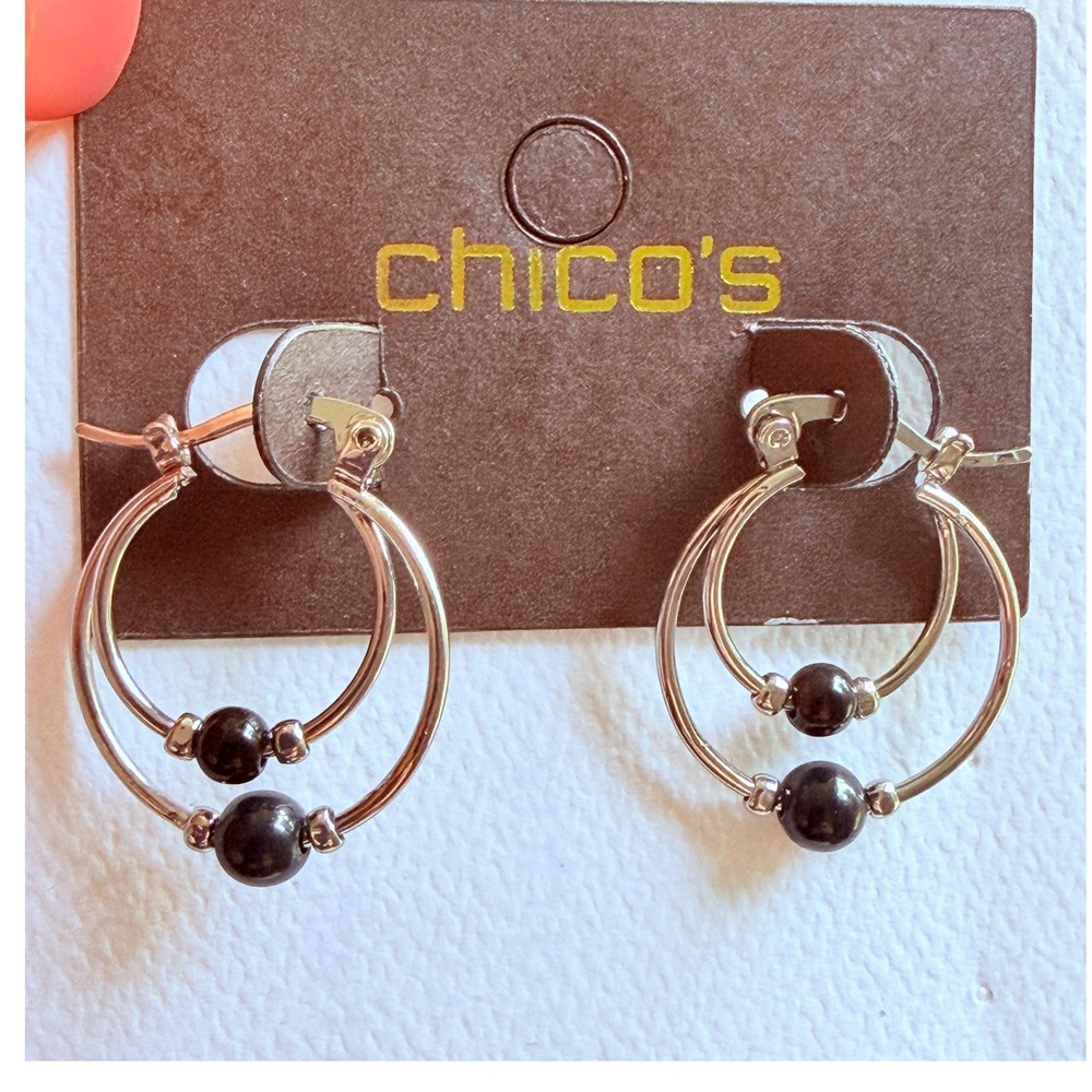 Chico's Hoop Earrings Y2K Silver Tone Black Bead 0.75" Double Hoop Locking Wire - Picture 6 of 8